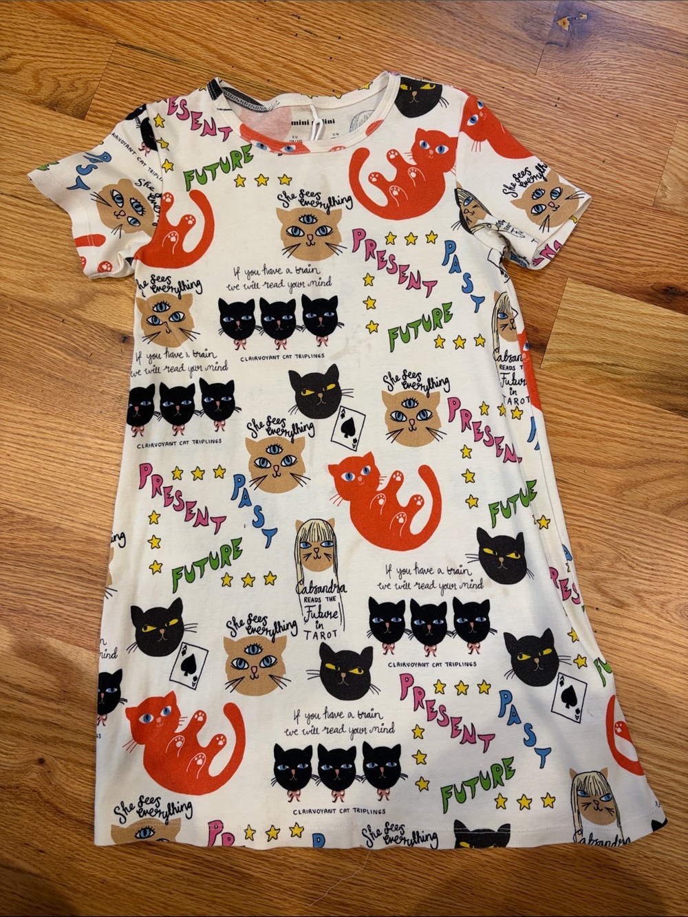 Kids Cat Print Tee Dress - White with Orange, Black, Tan Cats